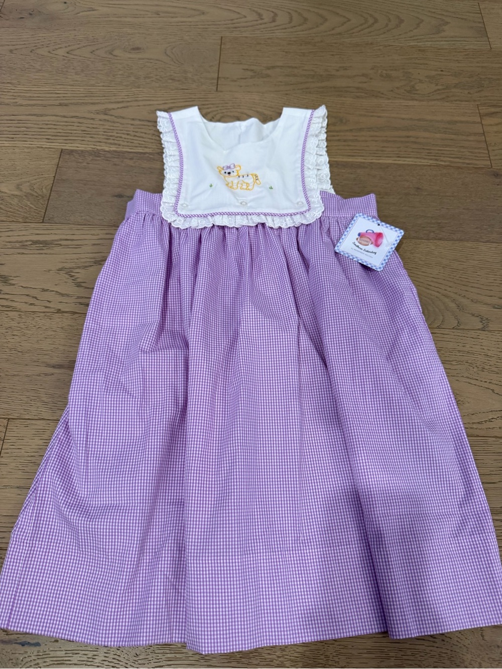 Southern Saturday Remember Nguyen Girls Purple Gingham Tiger Dress White Bib NWT